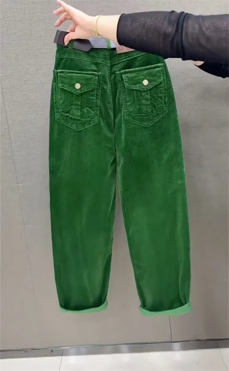High Waist Cotton Corduroy Harlan Pants Slim Fit Casual Nine Point Knife  Straight Leg Crop Leisure Long Trousers