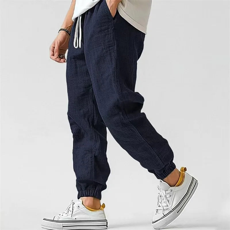 Men's Cotton Linen Casual Pants Baggy Streetwear Men Joggers Sports Trousers Solid Color Long Straight Trendy Pants for Men