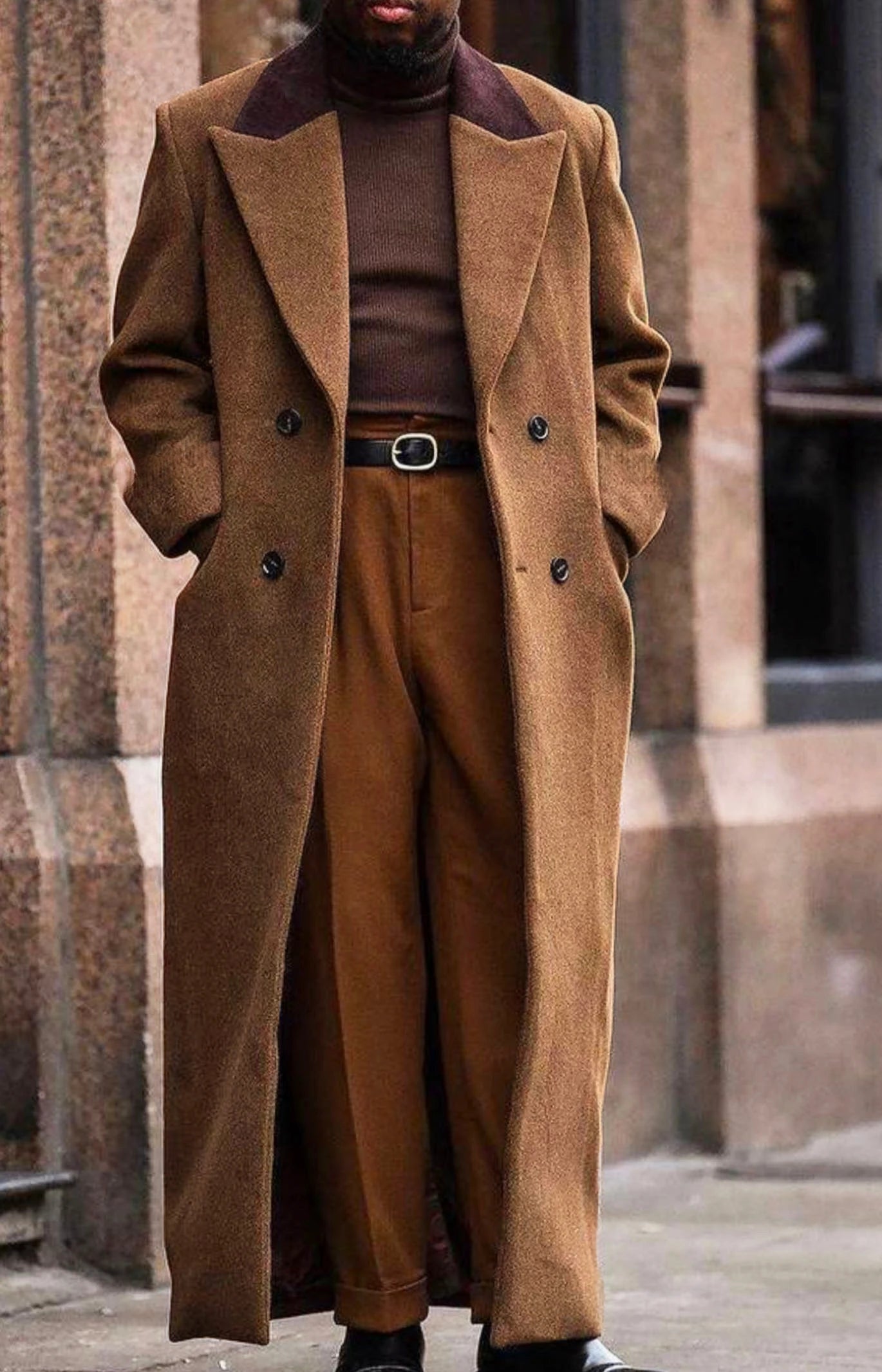 Mens Full Length Trench Coat Notched Lapel Long Jacket Double Breasted Classic Winter Overcoat