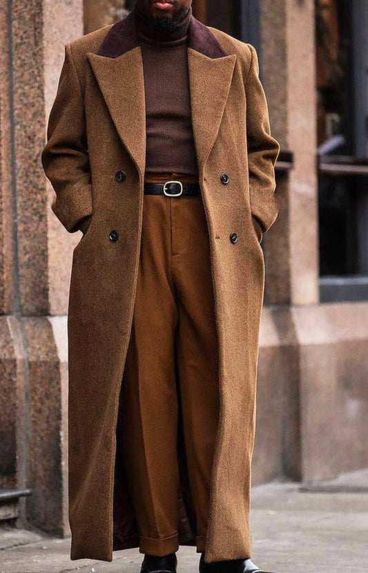 Mens Full Length Trench Coat Notched Lapel Long Jacket Double Breasted Classic Winter Overcoat