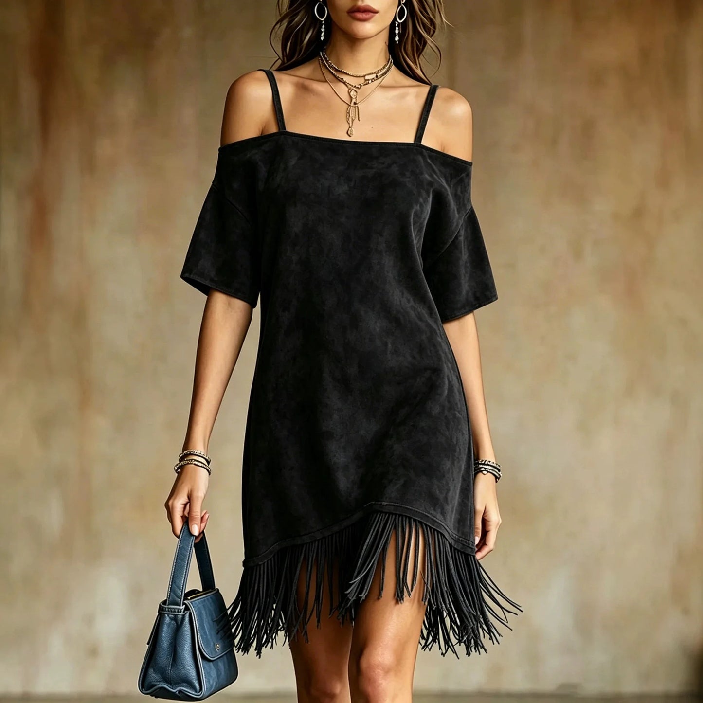 Casual Solid Color Suede Mini Dress Women Off Shoulder Spaghetti Strap Loose Fit Tassel Hem Elegant Daily Wear Chic Sundresses