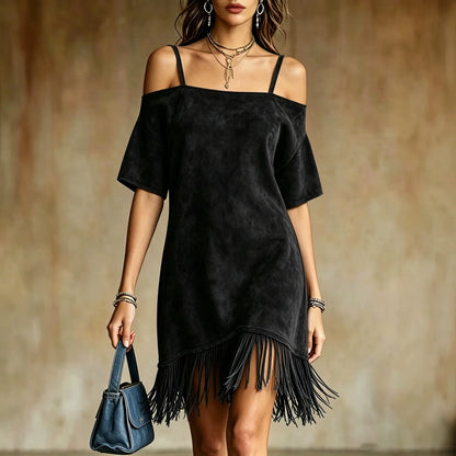 Casual Solid Color Suede Mini Dress Women Off Shoulder Spaghetti Strap Loose Fit Tassel Hem Elegant Daily Wear Chic Sundresses