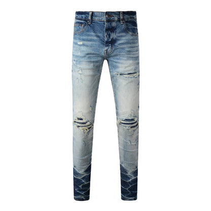 Men's Fashion Slim Fit Jeans Light Blue High Street Hip-Hop Brand Pan Perforated Patch Washed Nostalgic Elastic