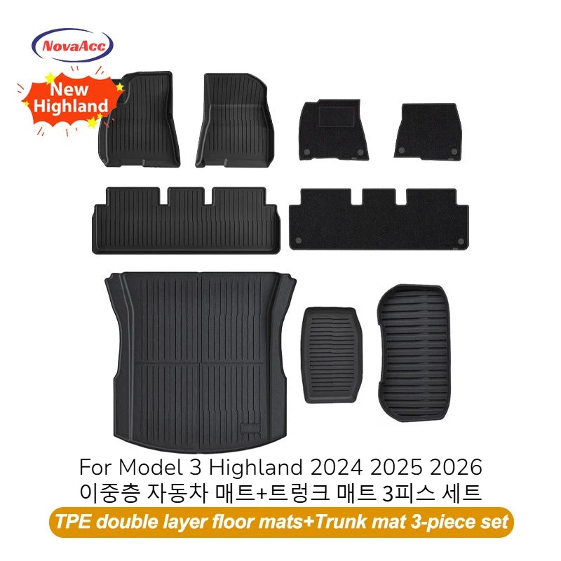 NovaAcc for Tesla Model Y Juniper 2025 2026 Model 3 Highland Floor Mats Trunk Mats Cargo Liners TPE All Weather Water Proof