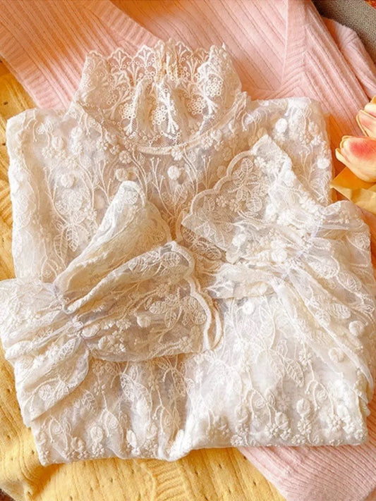 Lace Sleeve Thermal Shirt Women's Fleece Lined Half High Collar Bell Sleeve Inner Wear Netting Warm Top Korean Style Straight...