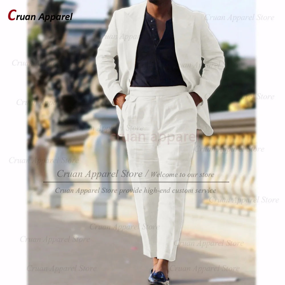 Classic Summer Linen Suit Sets For Men Smart Casual Blazer And Pants 2 Pieces Formal Evening  Fashion Slim Fit Suit Attire