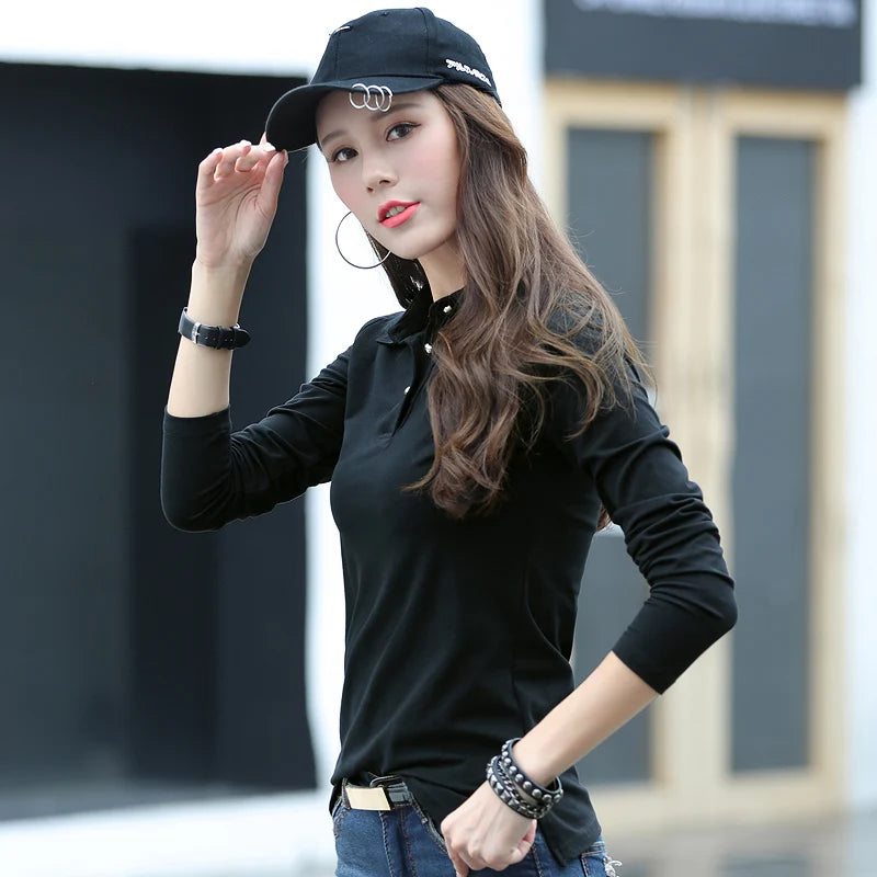 2025 New In Women's Tee Shirt Casual Polo Neck Cotton Plus Size Korean Fashion Office Lady White Women's long sleeve top