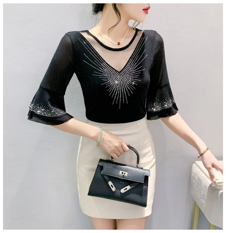 Sexy Hollow out Mesh Seven Quarter Sleeve Fashion Trend Summer T-Shirt Women Slimming Versatile Top Half Sleeve Small Shirt