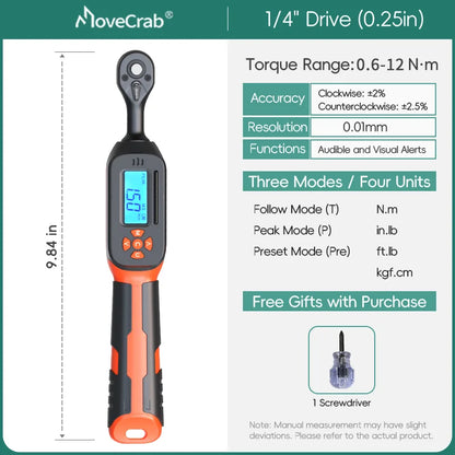 MOVECRAB Digital Torque Wrench 0.6-340N.m 2% Accuracy Preset & LED/Buzzer Alerts for Bike Motorcycles Automotive Mechanical Tool