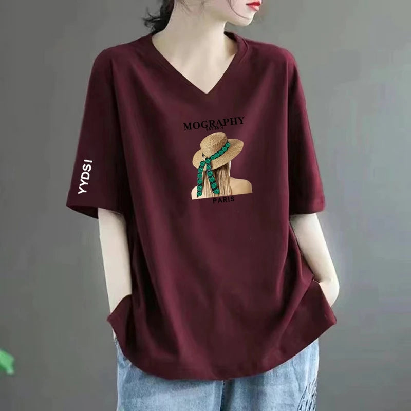 100% Pure Cotton V-Neck Short Sleeve T-Shirt Women's Loose Fashionable Printed Mom Top Trendy Korean Style Summer Wear