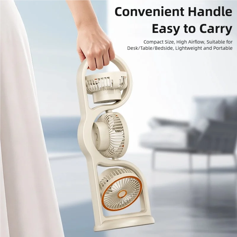 TINSOL 2026 New Portable USB Rechargeable Three-Head Fan – 360° Circulation, 5-Speed Wind, Dormitory and Outdoor Desktop Fan