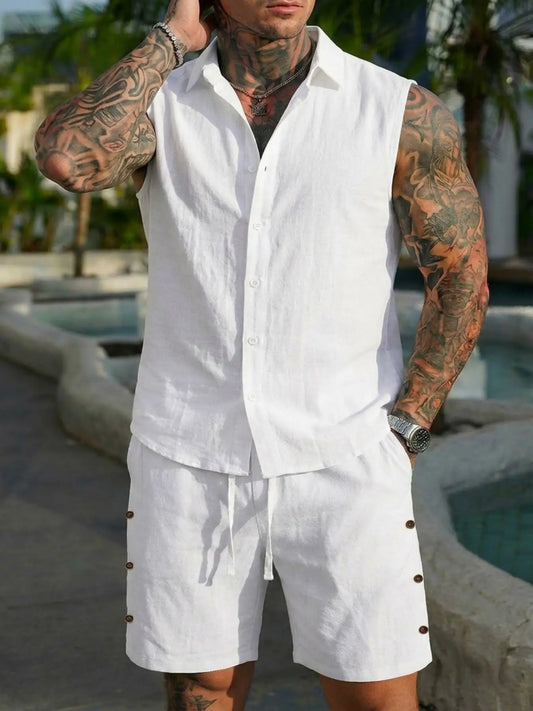 New Men's Sexy and Fashionable European and American Men's Cotton and Linen Style Casual Cardigan Vest Set Combination