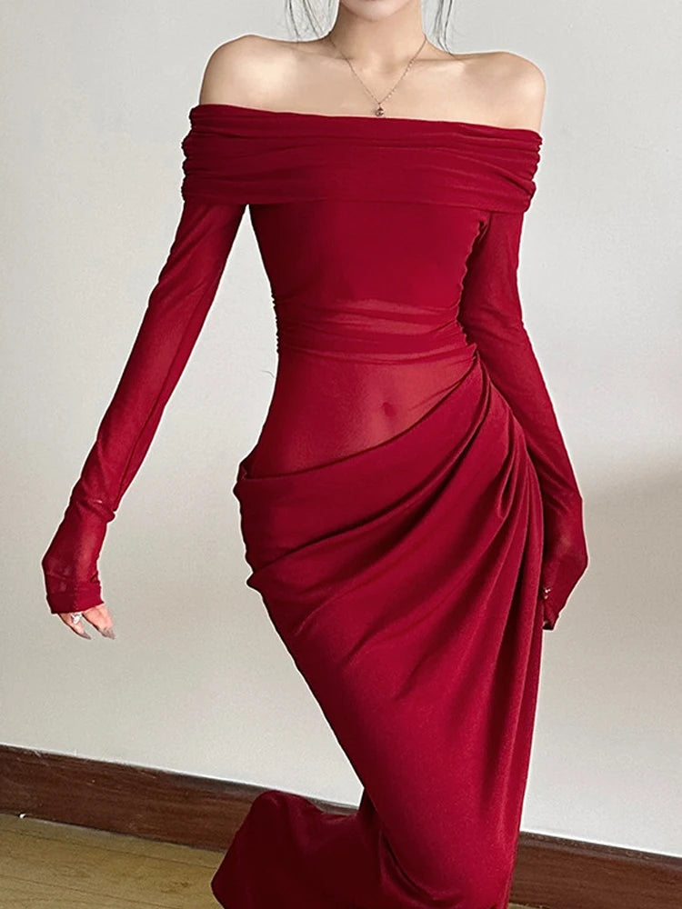 Nibber Sexy Dress Women 2025 Spring Patchwork Mesh Elegant Slash Neck Ruched Fit Chic Birthday Party Festival Vacation Vestidos
