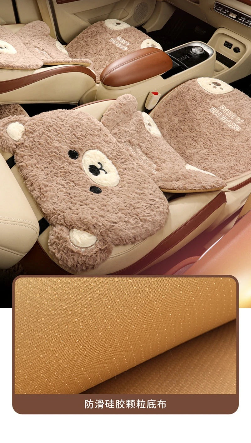 Cartoon 3D Bear Universal Car Seat Cushion Covers Plush Backrest for Autumn Winter Warm Cute Designed Seat Accessories