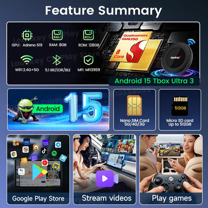 Carlinkit Ultra3 Android Tv Box Android 15 Wireless Carplay Adapter QCM6350 Smart Car Ai Box Carplay For Netflix Youtube 5G LTE