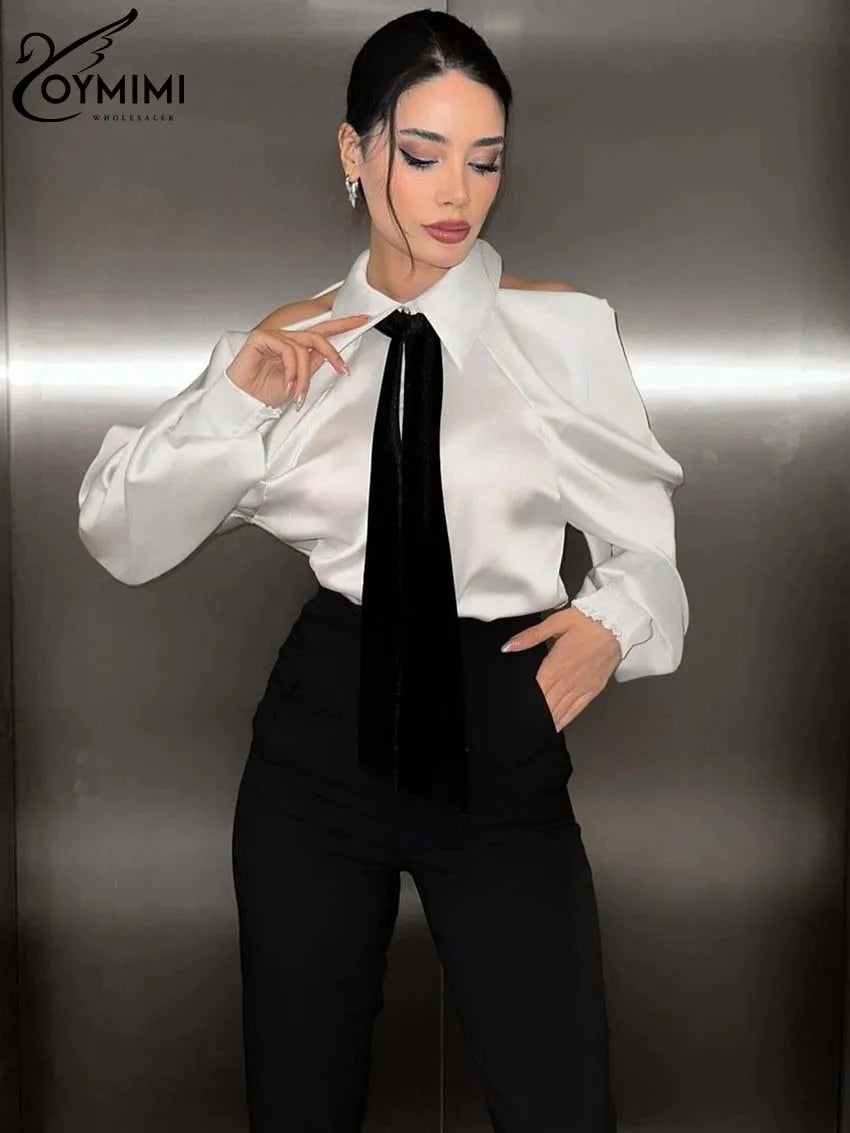 Oymimi Elegant White Patchwork Women's Shirt Fashion Lapel Long Sleeve Shirts Casual Necktie Off The Shoulder Button Blouses