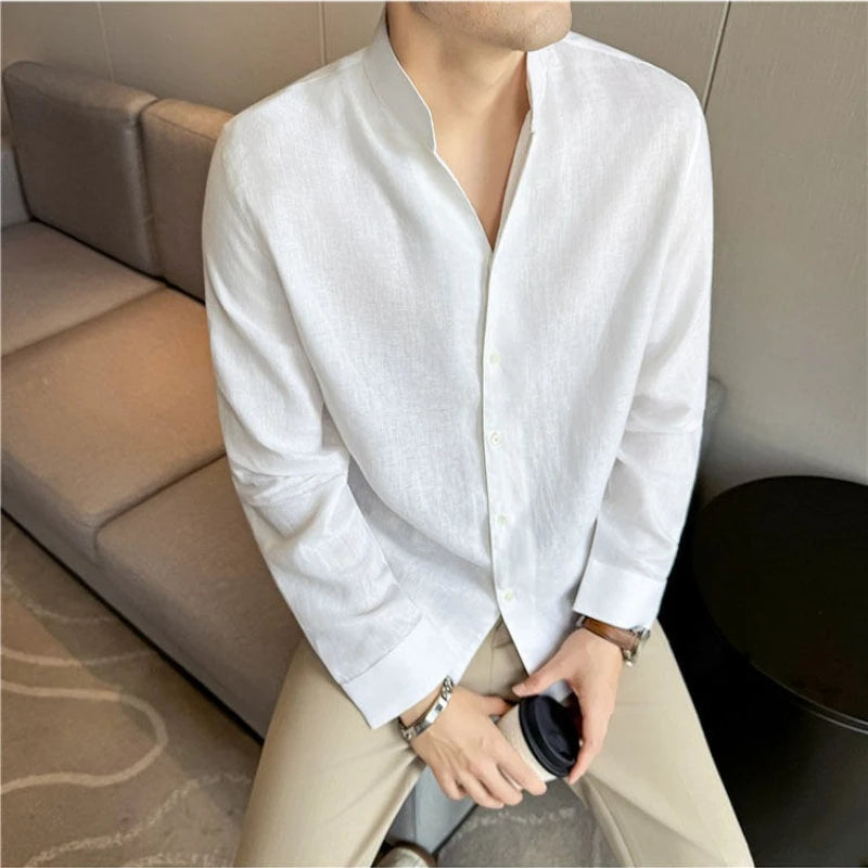 100% Linen Long Sleeve Shirt for Men Stand Up Collar Summer Loose Fit Solid Color Casual Formal Wear