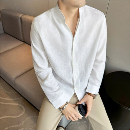 100% Linen Long Sleeve Shirt for Men Stand Up Collar Summer Loose Fit Solid Color Casual Formal Wear