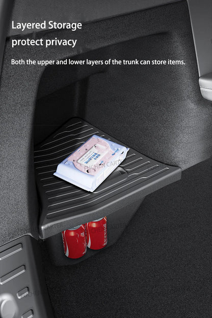 For Tesla NEW Model YL 2026 Rear Trunk Side Storage Box Cargo Organizer TPE Bin Box Flocking Mat Partition Board Accessories