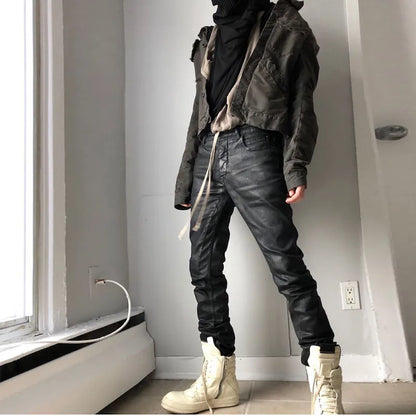 High Street Dark RO Denim Pants Men's Youth Leisure Coating Wax Surface Slim Fit Small Leg Denim Pant Streetwear Retro