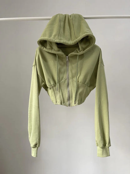 Spicy Girl Retro  Color Hoodie Women's Ultra-Short Waist-Cinching Belly-Baring Long-Sleeve Open Cardigan Top Coat