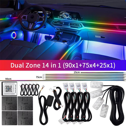 18 in 1 Dual Zone Symphony Streamer Car Ambient Light RGB 64 Colors Interior Rainbow Acrylic Strip Atmosphere Lighting kit App
