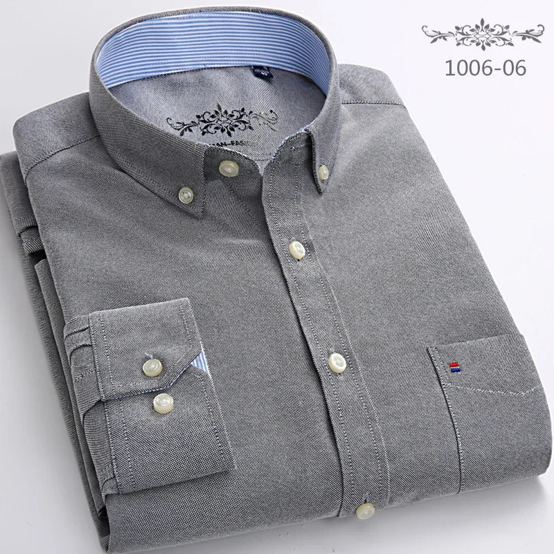 Classic Fit Cotton Full Casual Shirts for Men Solid Color Long-Sleeve Plain Shirt Single Pocket Top Soft Slim Fit Formal Clothes