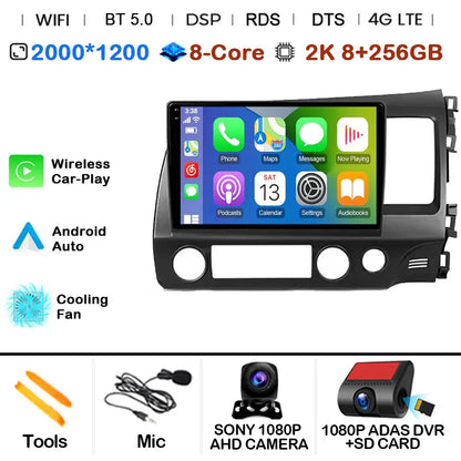 Car Radio Android 15 For Honda Civic 8 FK FN FD 2005 - 2012 RHD Multimedia Player Navigation GPS Carplay Stereo BT Head Unit DSP