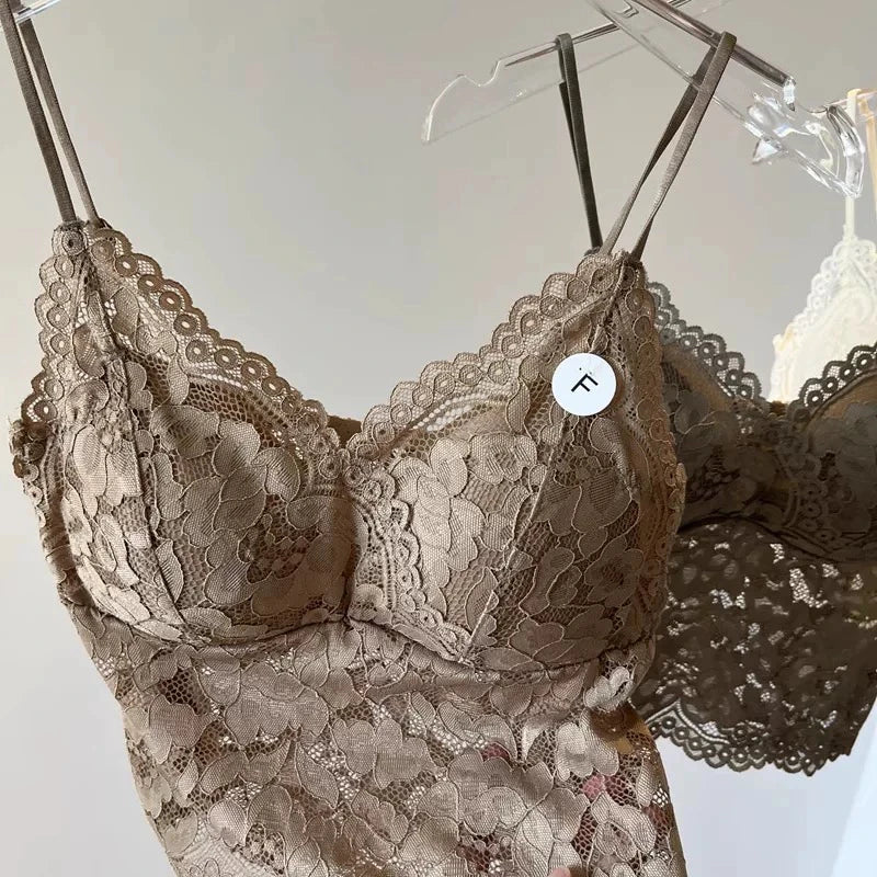 Lace Strap Women's Integrated Fixed Cup Sexy Back Vest Top Short Inner Wear Tank Top Bralette Comfortable Breathable Nylon
