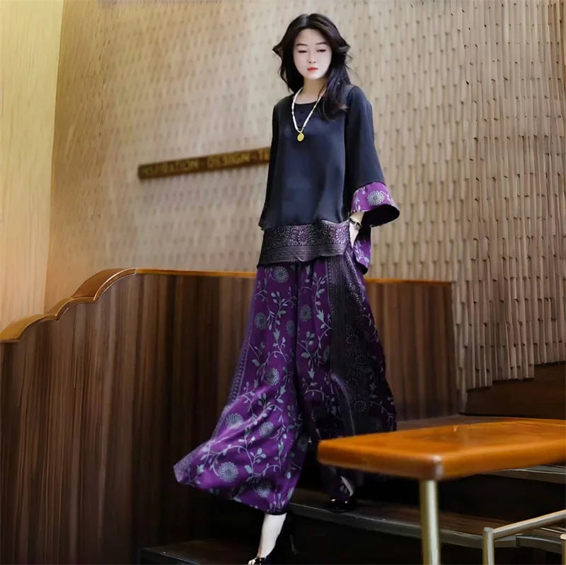 Silk Wide Leg Pants plus Size Loose Fitting Meat Covering Two Piece Set for Stylish Older Women Summer New Arrival