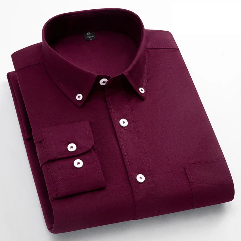 Classic Fit Fashion 100% Cotton Long-Sleeve Shirt for Men Single Pocket Slim Fit Casual Top Soft Oxford Solid Color Office Cloth