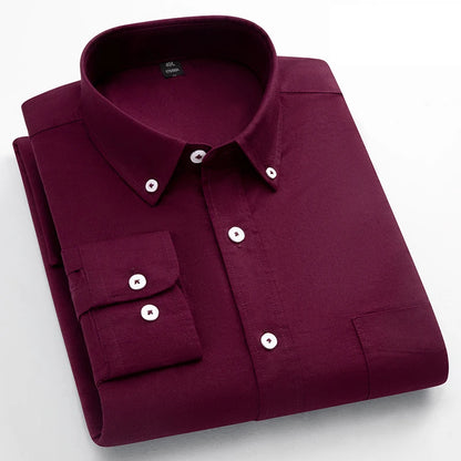 Classic Fit Fashion 100% Cotton Long-Sleeve Shirt for Men Single Pocket Slim Fit Casual Top Soft Oxford Solid Color Office Cloth