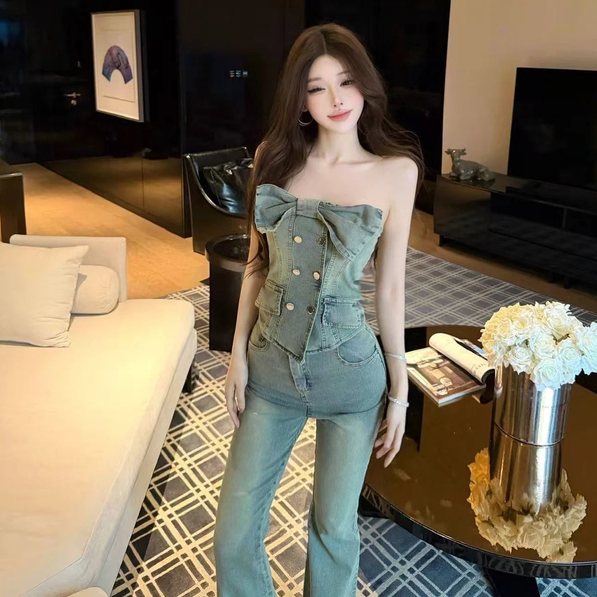 Sexy Slimming Bell Bottoms Two Piece Set with Strapless Denim Vest And  Knot Top for Young Women Spring Fashion