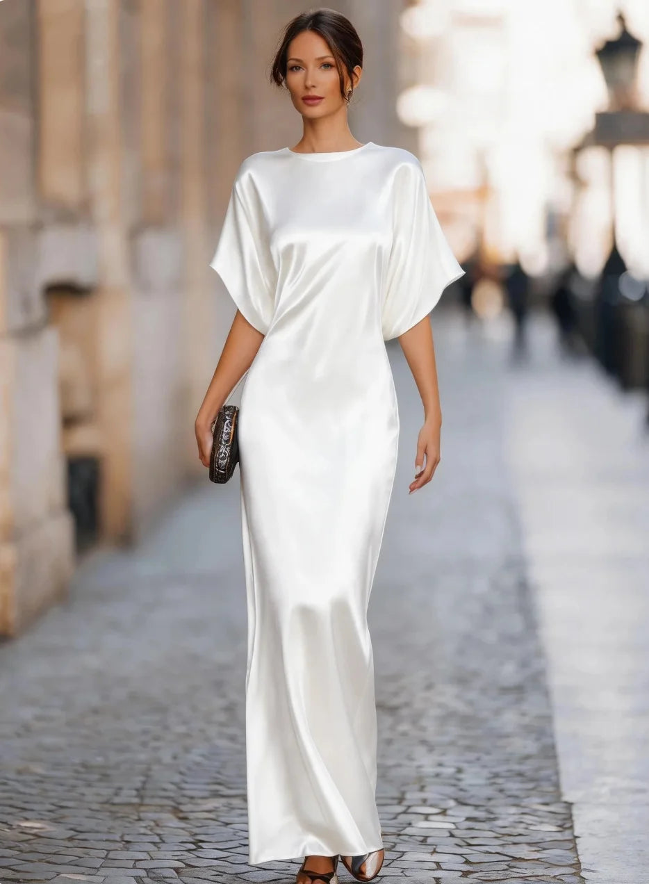 Women's Satin Maxi Dress Short Batwing Sleeve Elegant Evening Gown Flowy Party Dress Casual Formal Wear