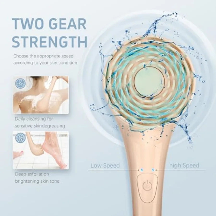 Electric Body Brush, Waterproof Back Scrubber for Shower with Long Handle and 3 Heads, Rechargeable Exfoliating Brush for Body