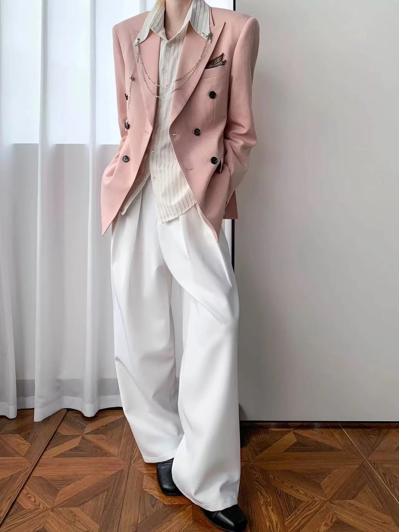 Korean Style Unisex Oversized Blazer Men Women Dusty Pink Casual Suit Jacket Streetwear Loose Office Party