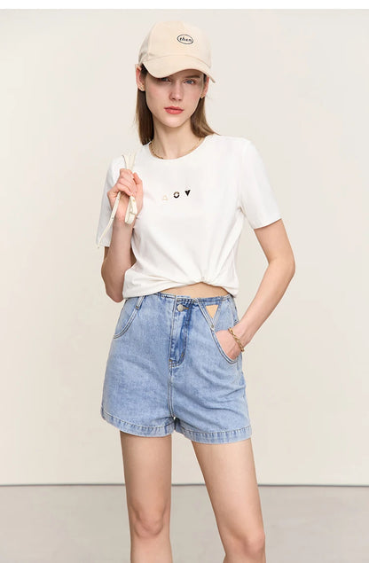 Amii Minimalist T-shirt Women's Tops O-neck Short Sleeves Geometric Decoration Antibacterial Cotton Elastic Casual Tees 12521088