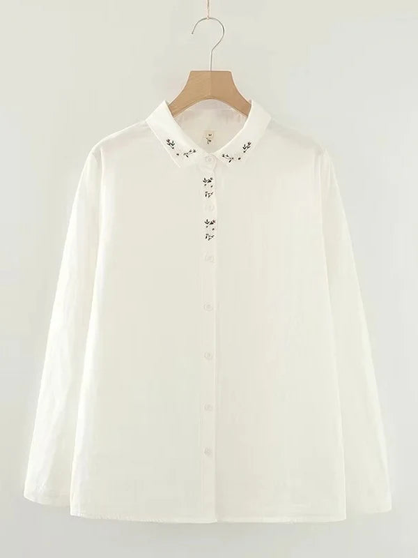 Elegant Embroidered Flower Doll Collar Double Layer Cotton Baby White Shirt Women Long Sleeve Base Shirt Trendy Commute Style...