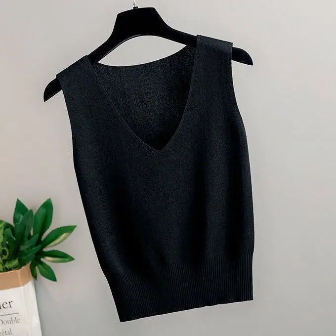 Women's Summer V-Neck Tank Top: Breathable, Waist-Defining Short-Sleeved Knit Top with Ice-Silk Spandex Lining for Outerwear