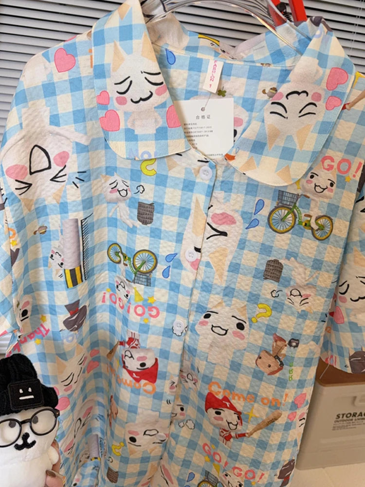 Large Size Pure Cotton Sleepwear Set for Men And Women with Long Sleeves And Pants Cute Cartoon Design for Autumn And Winter