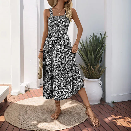 Women's Floral Maxi Dress Summer Square Neck Strappy Backless Smocked Bodice High Waist Long Dress Vacation Beach Outfit 2026