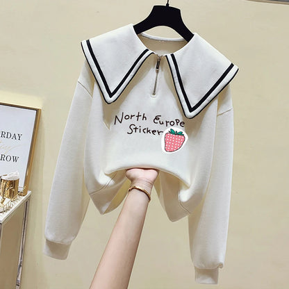 Teenage Girl's Fleece Lined Thickened Navy Collar Sweatshirt Small Size Winter Fashionable Clothing School Sweet Style Zipper