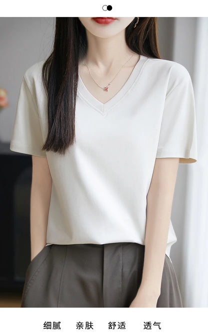 2026 Summer New Pure Cotton V-neck Short-sleeved T-shirt Women's Solid Color Joker Pullover Shirt with Loose Sleeve Bottom Shirt