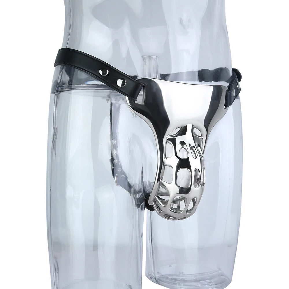 LEZEE Heavy Metal Underwear Sissy Pants Male Chastity Cage Dick Pocket With PU Chastity Belt Penis Bondage Sex Toys For Men