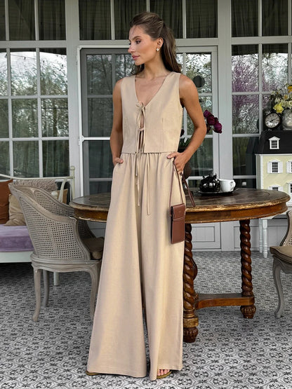Blubelle Women's Two-piece Outfit 2026 New Design with Lace Up Sleeveless Vest and Wide Leg Pants Summer Matching Set