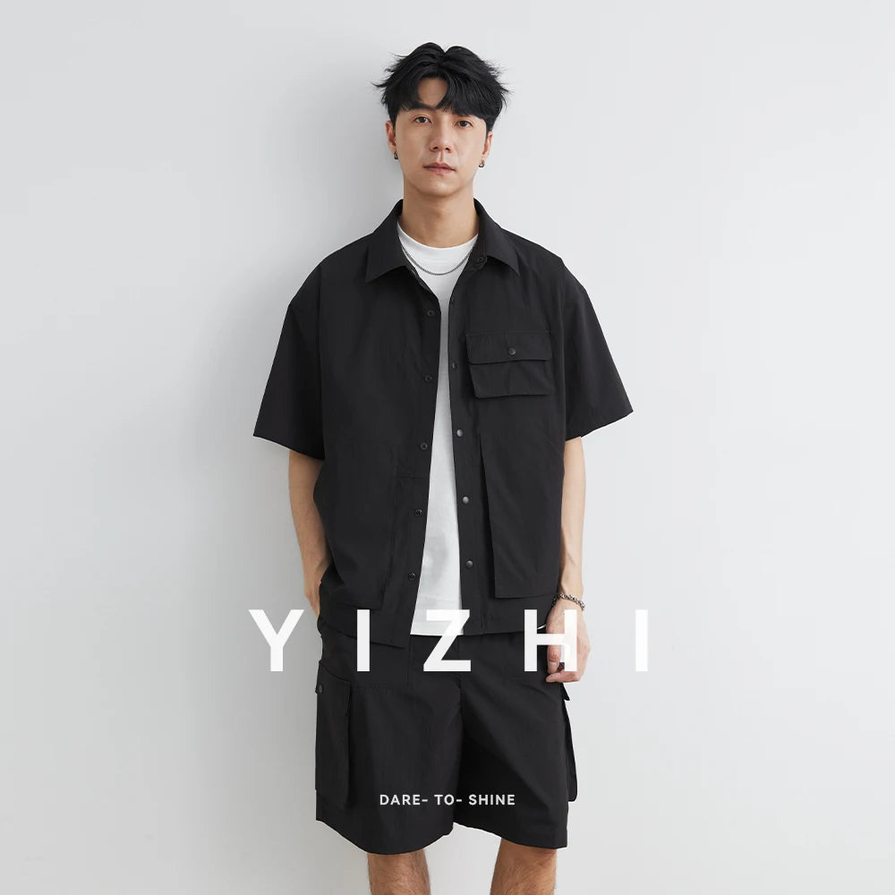 Summer Men Loose Casual Short Sleeve Cargo Shirt Shorts 2 Piece Sets Suits Cityboy Streetwear Fashion Tracksuits Men's Suits