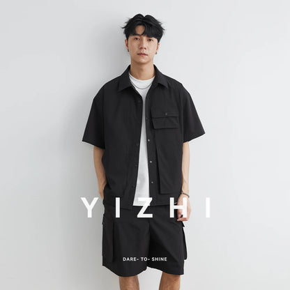 Summer Men Loose Casual Short Sleeve Cargo Shirt Shorts 2 Piece Sets Suits Cityboy Streetwear Fashion Tracksuits Men's Suits