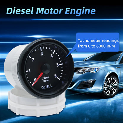 New 52MM 0-6000 RPM Tachometer White Backlight Tacho Meter Electrical Tachometer Gauge For 1-20 Cylinder Diesel Engine Car 12V