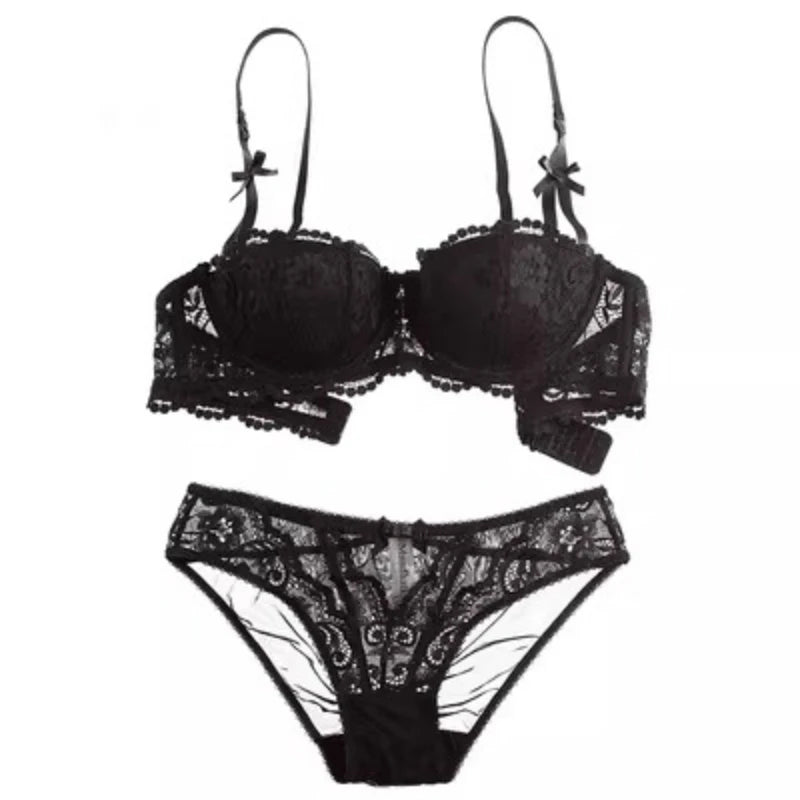 Women White Lace Demi Bra Minimizer Push Up for Small Bust Anti Sagging Lingerie Bra Set  BANERDANNI Panty Set S-XL 32-38-AB Cup