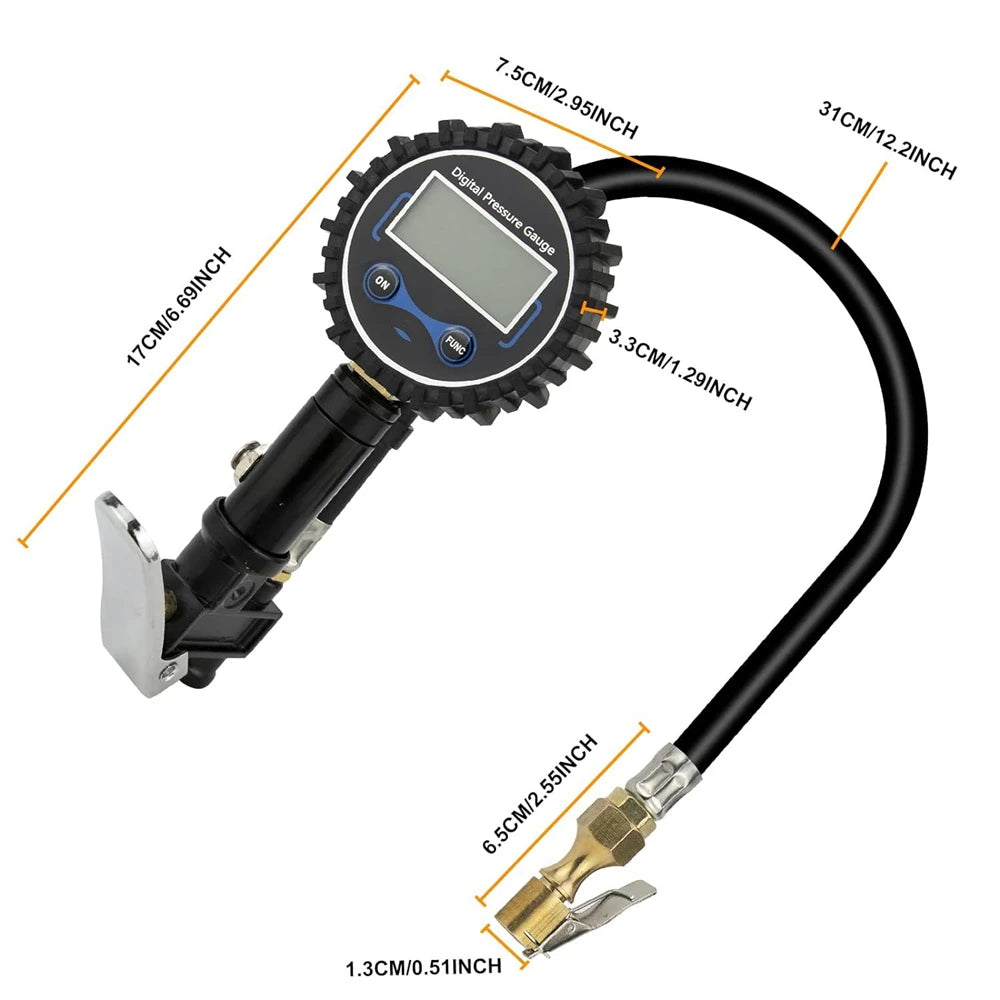 250PSI Digital Tire Pressure Inflator Gauge Aluminum Alloy Tire Pressure Gauge Air Line Clip-on Tyre for Motorcycle Bicycle Auto